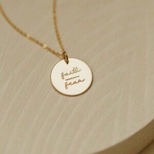 Faith Over Fear Mantra Charm Necklace Womens Gold Plated Stainless Steel Boho